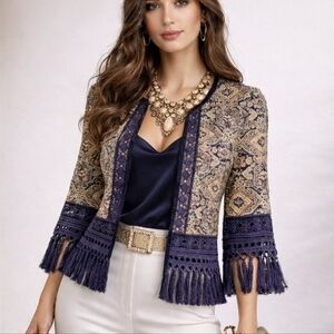 Boston Proper Bohemian Fringe Tapestry Jacket Moroccan Brocade Woven 16